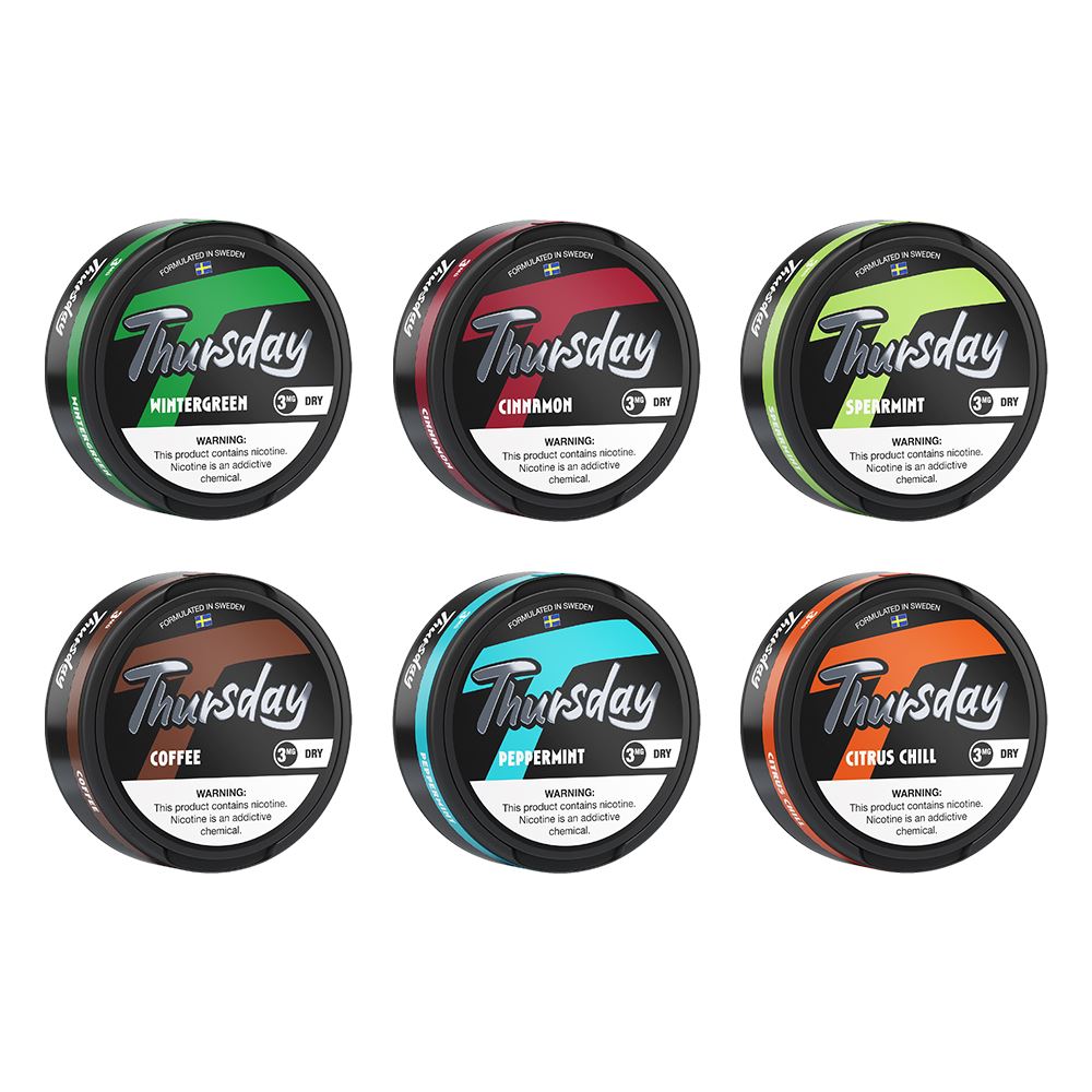 Thursday Dry Nicotine Pouches (20ct Can) 5pc Display Group Photo