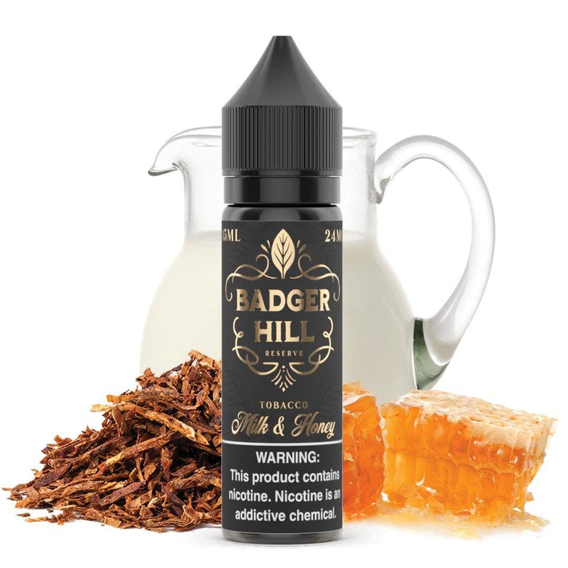 Milk and Honey by BADGER HILL RESERVE SALTS 15ml bottle with background