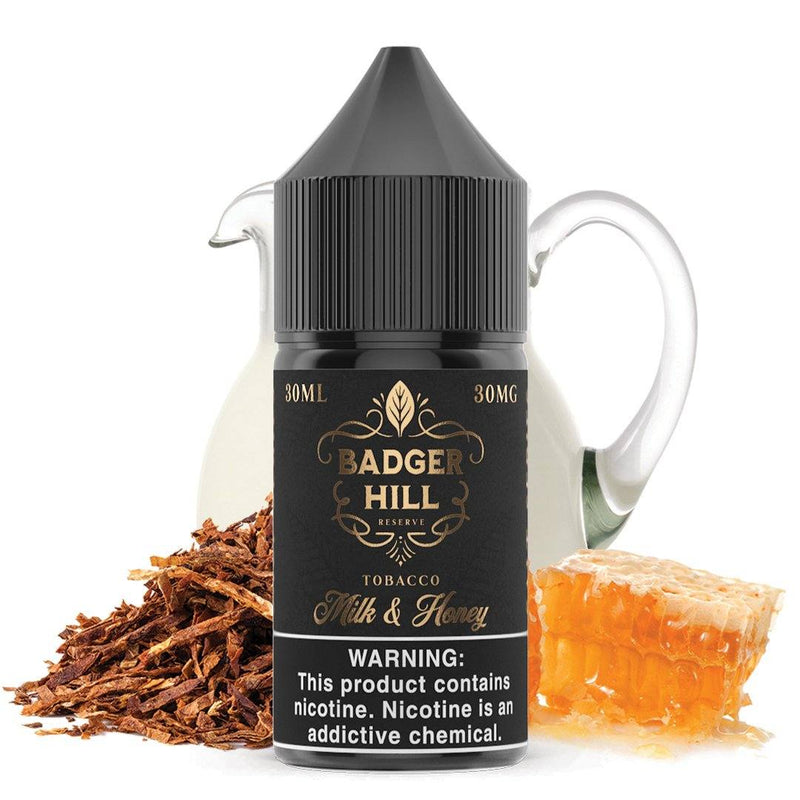 Milk and Honey by BADGER HILL RESERVE SALTS 30ml bottle with background