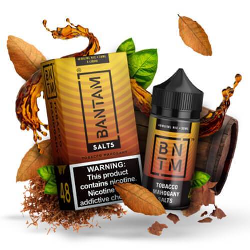 BANTAM SALTS | TOBACCO MAHOGANY 30ML eLiquid with packaging and background