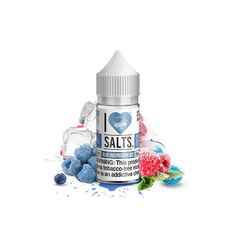  Blue Raspberry Ice Salt by Mad Hatter EJuice 30ml bottle with background