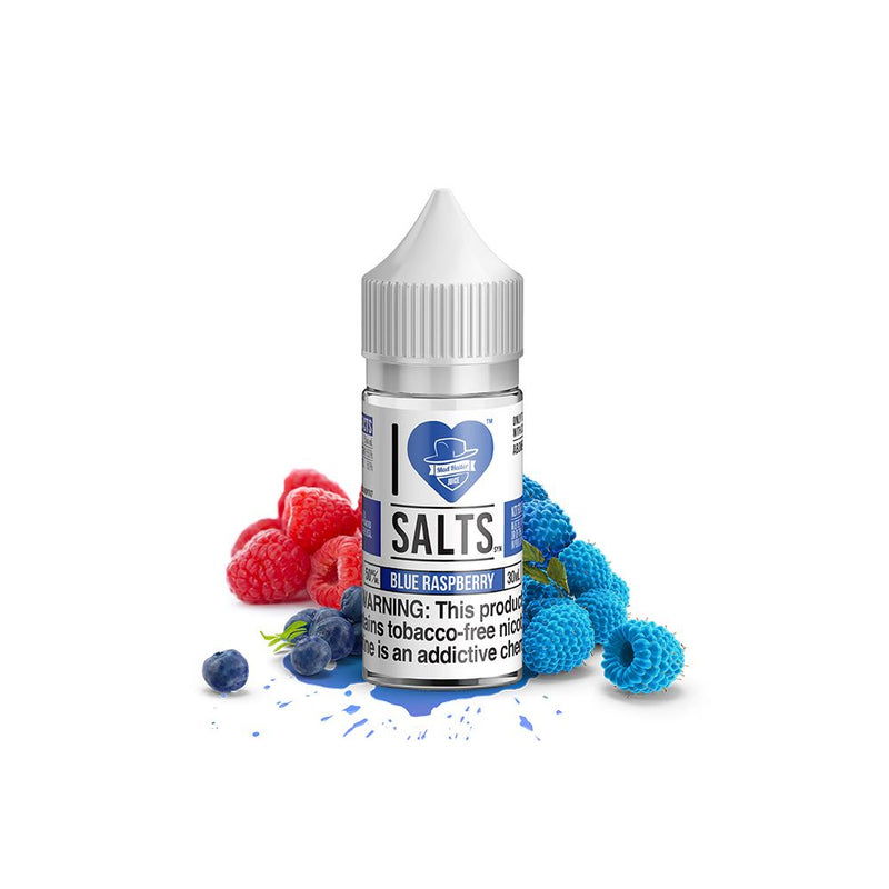  Blue Raspberry Salt by Mad Hatter EJuice 30ml bottle with background