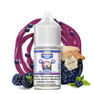 Blue Razz Jam by Pod Juice Salt Series 30ml Bottle with background