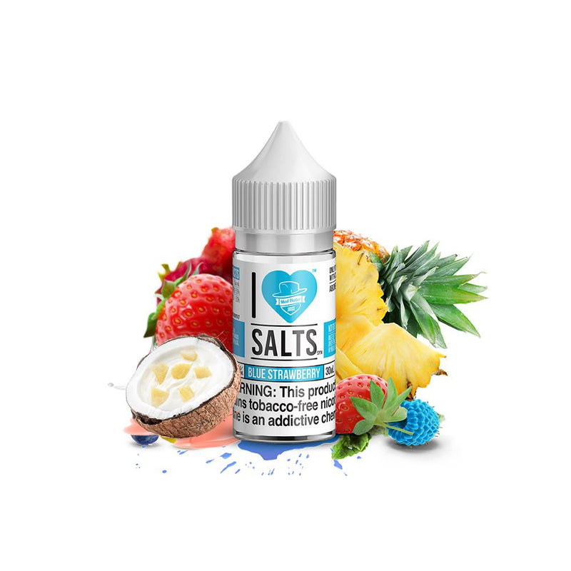 Blue Strawberry Salt by Mad Hatter EJuice 30ml bottle with background