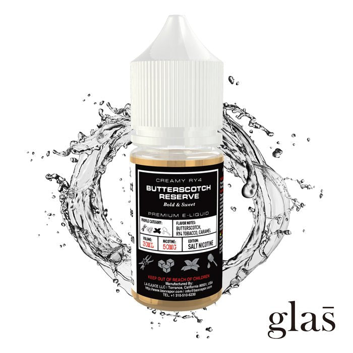 Butterscotch Reserve by Glas BSX Salts TFN 30ml bottle with background