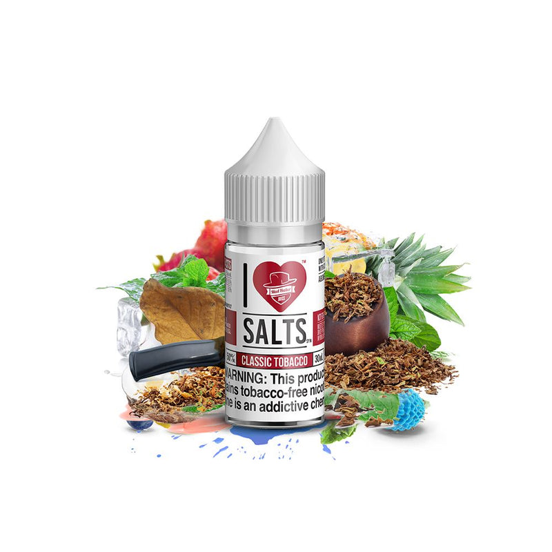 Classic Tobacco Salt by Mad Hatter EJuice 30ml bottle with background