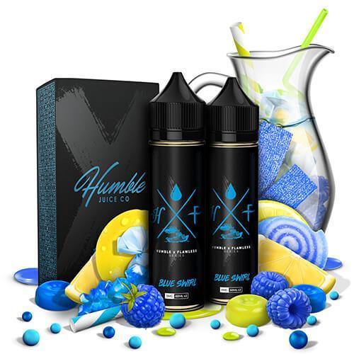 HUMBLE X FLAWLESS | Blue Swirl 120ML eLiquid with packaging and background