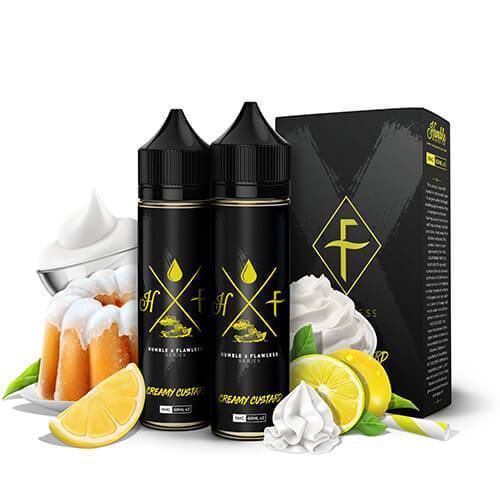 HUMBLE X FLAWLESS | Creamy Custard 120ML eLiquid with packaging and background