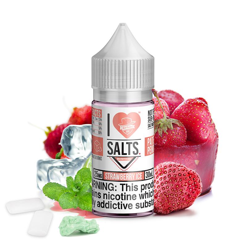 Strawberry Ice Salt by Mad Hatter EJuice 30ml bottle with background