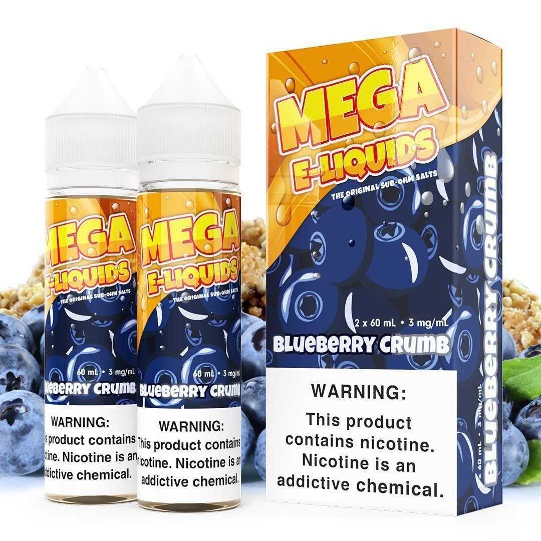 MEGA | Blueberry Crumb 60ML eLiquid with packaging and background