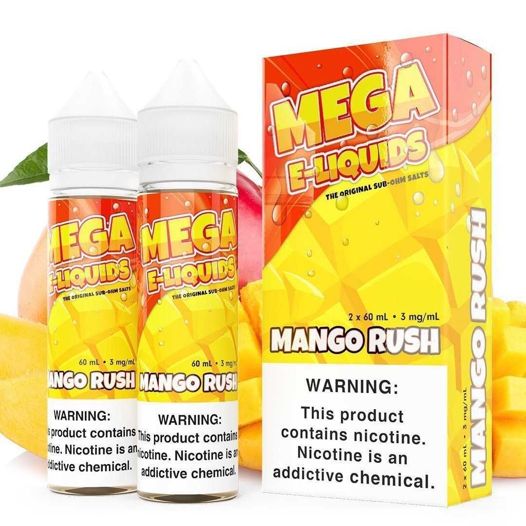 MEGA | Mango Rush 60ML eLiquid with packaging and background