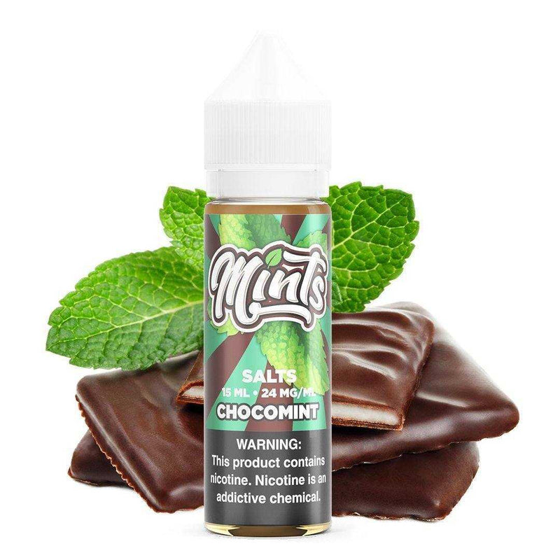 Chocomint by Mints SALTS E- Liquid 15ml bottle with background