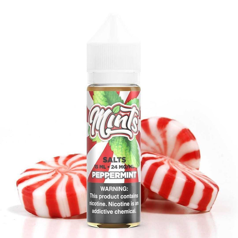 Peppermint by Mints SALTS E-Liquid 15ml bottle with background
