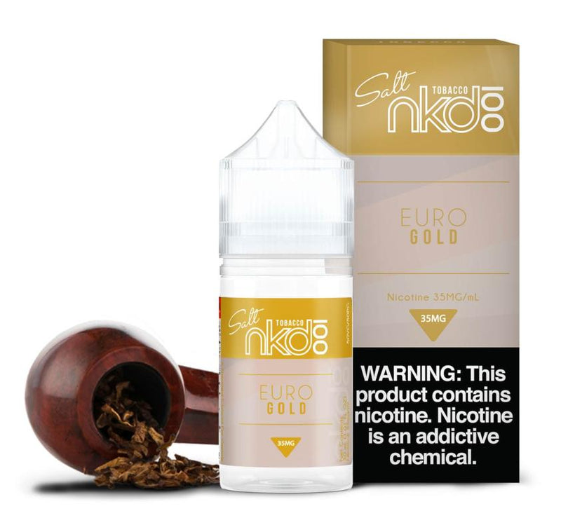 Euro Gold by Naked 100 Salt 30ml with packaging and background