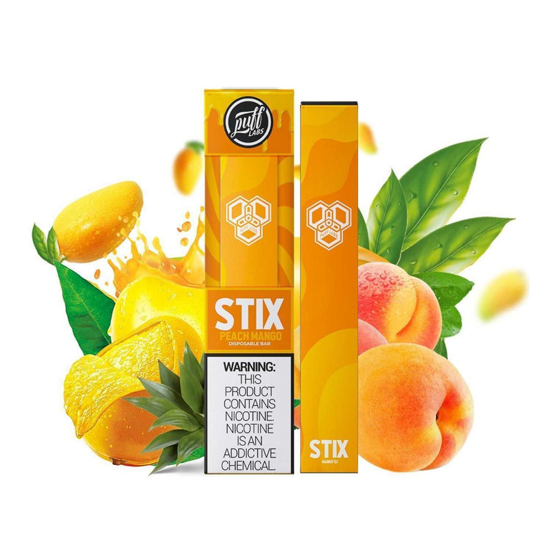 PUFF LABS | Puff STIX Disposable Bar 5% Nicotine (Individual) peach mango packaging with background