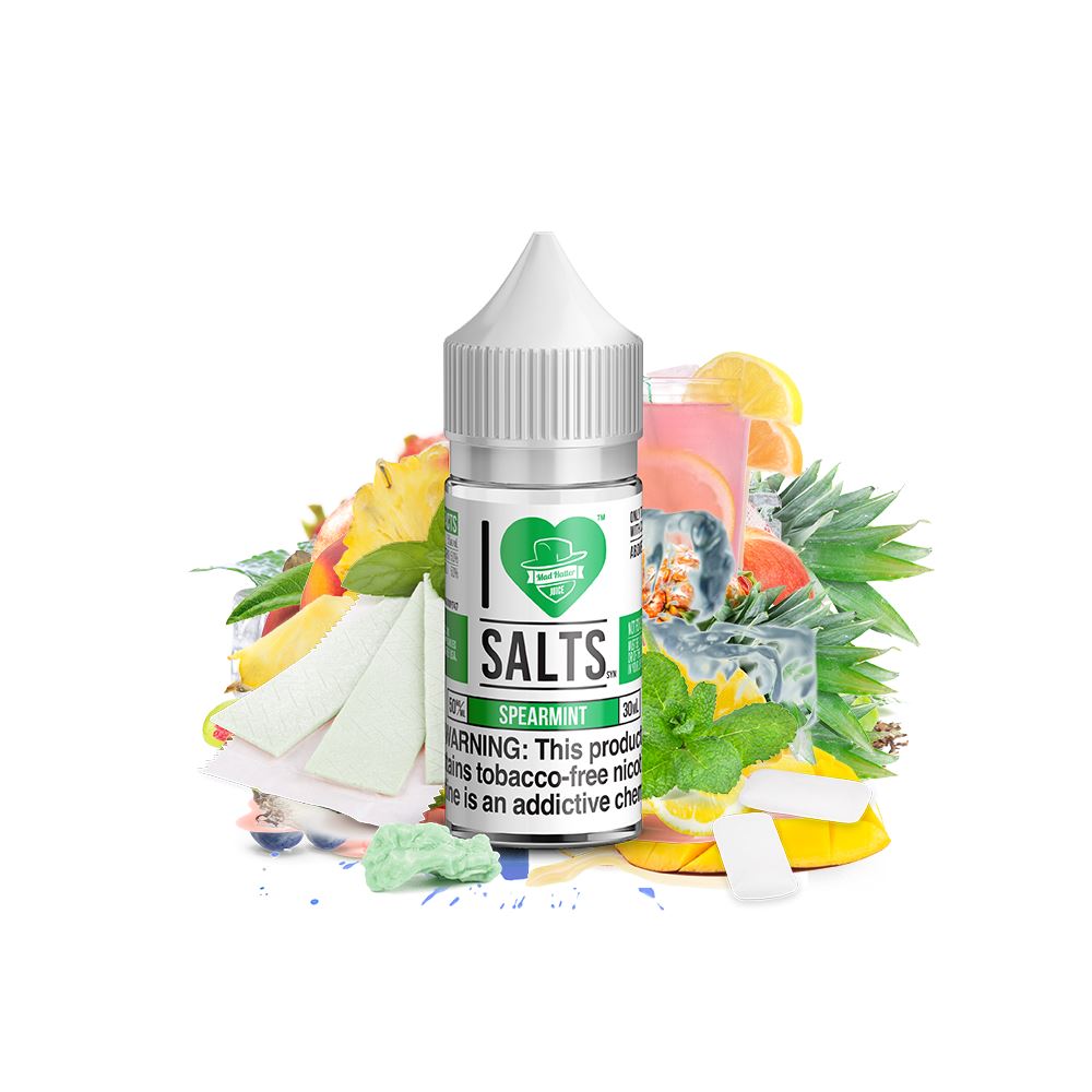 Spearmint Gum Salt by Mad Hatter EJuice 30ml bottle with background