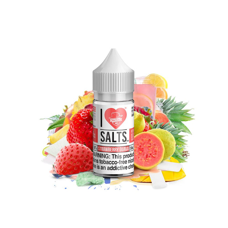Strawberry Guava Salt by Mad Hatter EJuice 30ml bottle with background