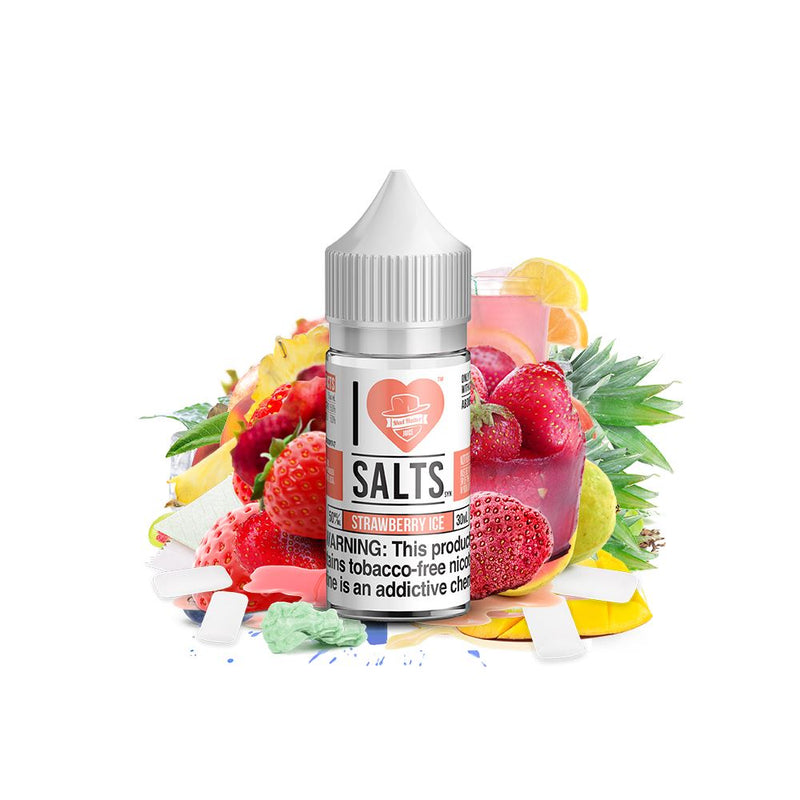 Strawberry Ice Salt by Mad Hatter EJuice 30ml bottle with background