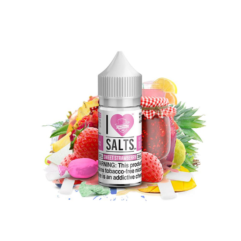 Sweet Strawberry Salt by Mad Hatter EJuice 30ml bottle with background