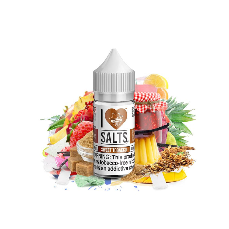 Sweet Tobacco Salt by Mad Hatter EJuice 30ml bottle with background