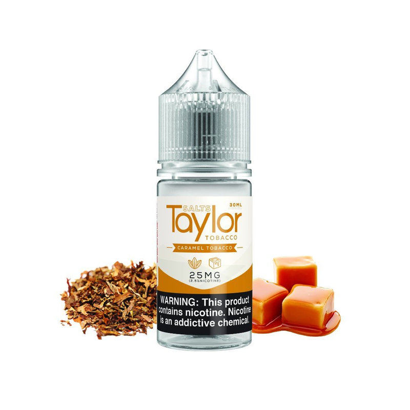 Caramel Tobacco by Taylor Fruits Salts 30ml bottle with background