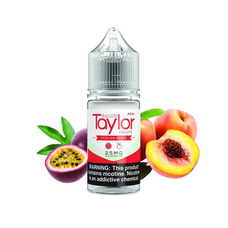 Passion Peach by Taylor Salts 30ml bottle with background